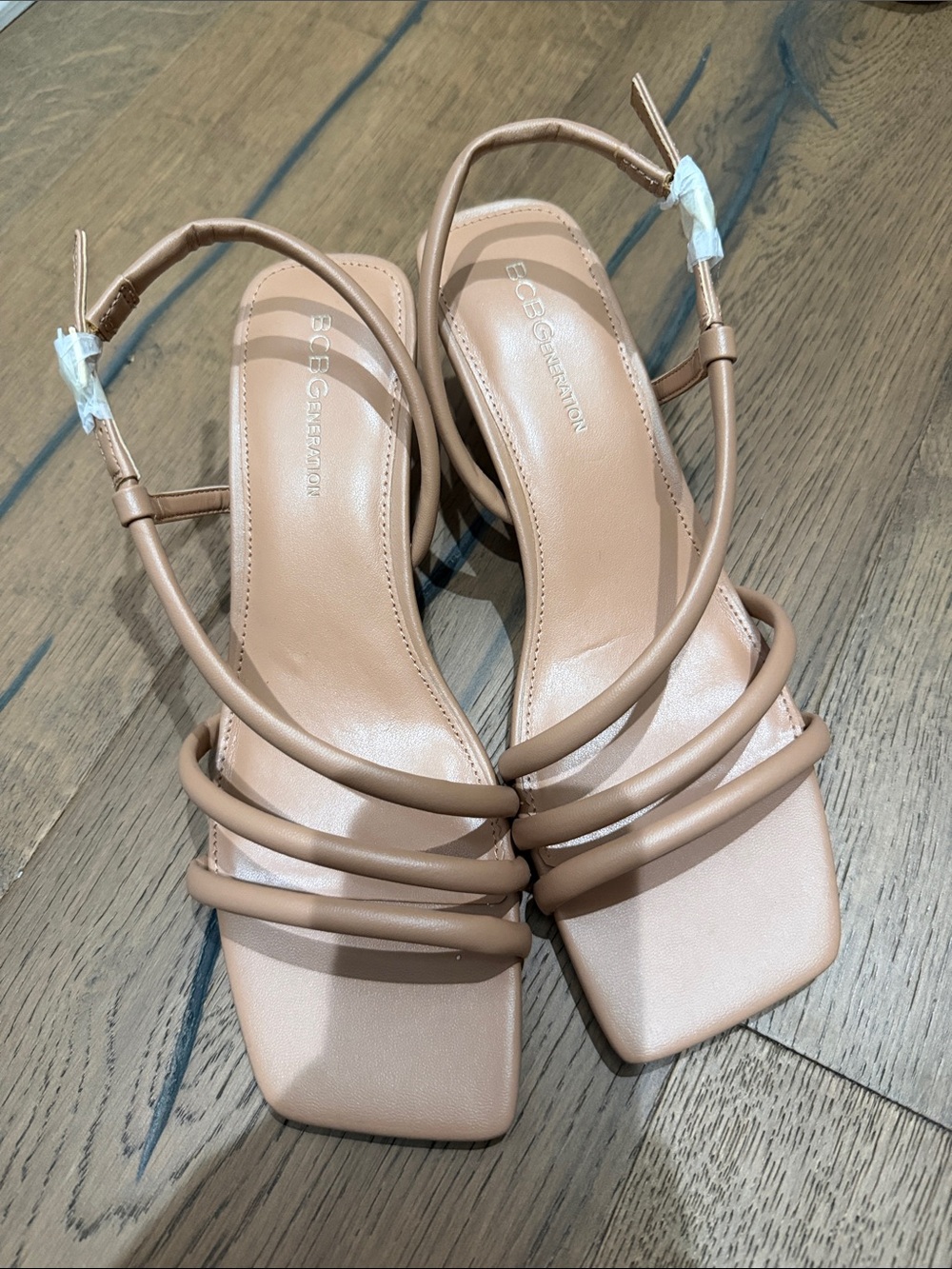 BCBGeneration Nude Strappy Square-Toe Heels